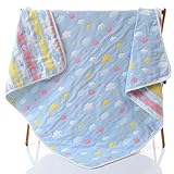 ベビーブランケット　大判 ひざ掛け　6重ガーゼケット　ベビーケット オーガニックコットン　肌にやさしい 子供　毛布 湯上りタオル ふわふわガーゼタオル ブルー Colorful Clouds