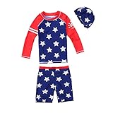 VIVO-BINIYA 正規品 子供水着 男児水着 長袖 3点セット 日焼け防止 キッズ水着 ラッシュガード 帽子付き水着 男の子水着 UPF50+素材使用 (7T(110-120), 星柄)