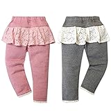 (ピンク/95cm)ベビー服 女の子 ロング パンツ ボトム 裏パイル起毛 レース装飾 ワッペン ウエストゴム 女児 ベビー