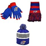 NCAA Kansas JayhawksグローブソリッドニットWindyビーニー帽子とストライプスカーフ3パックバンドル