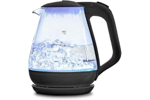 アイリスプラザ ガラスケトル 大容量 1.2L 自動スイッチOFF 青く光る ライト付き オープン 透明 かわいい シンプル おしゃれ G-012 ブラック