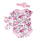 FEITONG 3pcs Baby Girls Floral Print Romper Bodysuit +Headband+ Shoes Sets Clothes (Age 6-12M, Pink)
