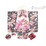 七五三 着物 3歳女の子合繊着物フルセット「白桃＆黒、鞠と古典桜」KFR1305