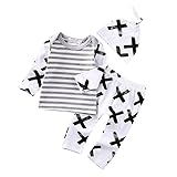 3pcs /セット新生児の少年少女長袖ストライプトップス手紙プリントロングパンツの帽子の服を (12-18ヶ月)