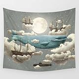DreamlandブルーWhale in the Sky Aroundクラウドと出荷印刷Wall Hangingタペストリーfor Kid 's Bedroom寮装飾51 " H x 60 " W 5