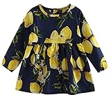 Plus Nao(プラスナオ) 子供用 ワンピース 長袖 膝上 フレアスカート Aライン ウエストギャザー ラウンドネック ウィンドカフス レモン 檸檬 ブルー 100