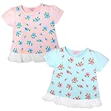(サックス/90cm)ベビー服 女の子 Tシャツ 半袖 パフスリーブ Aライン 裾フリル 花柄 女児 ベビー