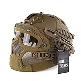 OneTigris ミリタリー風ヘルメット　ファストヘルメットPJタイプ　メッシュマスク＆ゴーグル付属一体型　取り外し可　多機能 (タン)