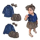AMIGOYO 3点セット ベビー服 デニムシャツ ドレス ヘア飾り キッズ ガールズ ヒョウ柄 長袖シャツ ワンピース 無地 スカート セットアップ 子供ドレス 春夏秋冬 カジュアル 発表会 結婚式