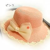 子供 麦わら帽子 女の子 ベビー レース リボン 付け 夏 日よけ帽 キッズ ビーチハット 熱中症防止 日焼け防止 麦わら かぎ編み UVカット 6色入 (頭周り：約54-56cm, ピンク)