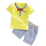 【SEBLES】ベビー 赤ちゃん 男の子 女の子 ユニセックス 半袖 襟 無地 プリント ネクタイ ボーダー柄 パンツ ボトムス ツーピース セット コットン 綿(イエロー,100cm)