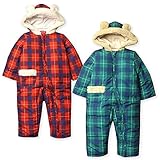 (レッド/80cm)ベビー服 男の子 女の子 カバーオール ジャンプスーツ Moujonjon ムージョンジョン 中綿 裏フリース クマ耳付き チェック柄 ボア切替 男児 女児 ベビー
