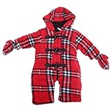 ベビー・赤ちゃん用 タータンチェック ダッフルコート風 フードつきボディースーツ 長袖ロンパース カバーオール オールインワン つなぎ 冬 (0-3ヶ月) (レッド)