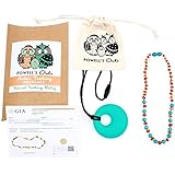 Baltic Amber Teething Necklace for Babies With Gems - Lab-Tested - Cognac & Turquoise Mix - Comes Wi