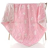 ベビーブランケット　大判 ひざ掛け　6重ガーゼケット　ベビーケット オーガニックコットン　肌にやさしい 子供　毛布 湯上りタオル ふわふわガーゼタオル ピンク Elephant