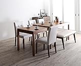 片手でらくらく伸長スライド式ダイニング6点セット 天然木 【伸縮テーブル(幅135-235cm)1＋チェア4＋ベンチ1】 (チェア：ホワイト4脚＋ベンチ：ホワイト1台)