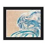 Azure Tsunami : The Great Wave of Kanagawa in Tealブルーon Tan – モダン現代抽象油彩ウォールアートプリント 20x24 BHS0000254F