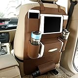 カーシートバックオーガナイザー、マルチポケットPUレザーカーシートバックトラベルストレージバッグボトルティッシュボックスのタブレットホルダー、自動シートバックプロテクター、キックマット、カーオーガナイ