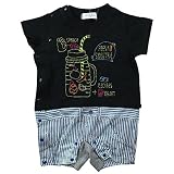 《夏対応》SHORH KID'S(ショーキッズ) 天竺手書き刺繍モチーフヒッコリー転写風カバーオール 70cm /ブラック NO.SD-70972