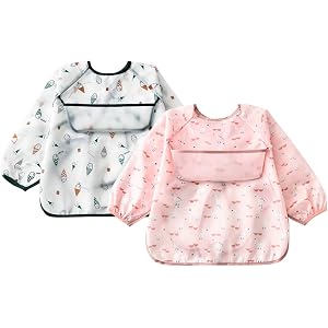 食事用エプロン ベビー お食事エプロン 長袖 子供用 防水 軽量 立体ポケット 6-18ヶ月 2枚セット