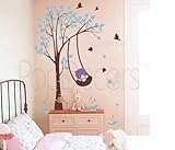 PopDecors - Funny cat plays swing-65inch H - Beautiful Tree Wall Decals for Kids Rooms Teen Girls Bo