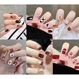 6パック（144個入り）ネイルチップ 人気 和風 NIUANIUA ファッション ネイル つけ爪 かわいい ネイルチップ 付け爪 ネイルセット ネイルファイル付き 女性用 ファッション ネイル (アンバー＆レッド)