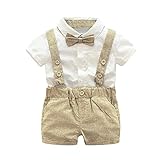 CA-TING ベビー服 子供服 紳士 フォーマル 半袖 シャツ ロンパース 蝶ネクタイ付き 前開き 出産祝い 発表会 入園式 卒園式 通園 通学 結婚式 写真 撮影 春 夏 秋 (90, ブラウン)