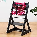 【人気ベビーチェア 笑顔のマジカルチェアー＋専用クッション (お得2点セット)】 木製椅子 安心強度の三角形ベース 高さ調節可能 ふかふかクッションセット (チェア：ブラック色 クッション：大水玉レッ