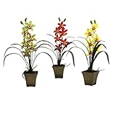Nearly Natural 4066-AS-S3 Cymbidium Orchid with Vase, Green/Red/Yellow, Set of 3 [並行輸入品]