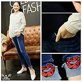 大きいサイズ マタニティ ビジュー付きリップ刺繍デニムパンツ 3L　4L ブルー4L 【1点】