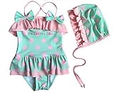 女児水着 女の子 子供 可愛いドット柄 ワンピース 水着 連体水着 かわいい 蝶結び フリル キュート 水着　キャップ付きS082 GR 6