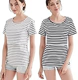 [Boa sorte] 授乳服 授乳口付き 半袖 ボーダー Tシャツ カットソー マタニティ ウエア (ブラック × グレー) 2枚 セット (XL)