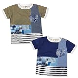 (ネイビー/90cm)ベビー服 男の子 Tシャツ 半袖 胸ポケット ペイズリー ボーダー柄 柄切替 スナップボタン 男児 ベビー