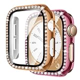 【2色セット】コンパチブル アップルウォッチ カバー 41mm、キラキラ、耐衝撃、全面保護、コンパチブル apple watch カバー series 9 8 7、レディース/メンズ、コンパチブル apple watch ガラスフィルム、コンパチブル アップルウォッチ ス クリーンプロテクター ケース（ローズゴールド-ローズピンク）