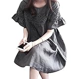 【Cross You】 半袖 チュニック ワンピース レディース 綿 麻 リネン 膝丈 刺繍 レース ゆったり カジュアル ファッション グレー 灰色 (XXL)