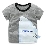 LittleSpring夏 ボーイズ 男の子 コットン サメ柄 恐竜柄 半袖Ｔシャツ 角付き 半袖トップス ベビーｔシャツ 半袖トップス グレー130