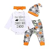 I Boo Believe In Ghosts　4点セット（上着＋パンツ＋帽子＋ヘッドバンド）男女兼用　ベビー服　女の子　赤ちゃん服　幼児　子供服　男の子　長袖　丸首　4サイズ　キッズ服　ロンパース 