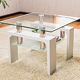 【美感でスタイリッシュ 魅せるセンターテーブル】 50cm幅 人気のクリア強化ガラス ディスプレイテーブル ガタツキ防止アジャスター 北欧スタイル (ホワイト色)