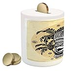 TikiバーPiggy Bank by Ambesonne、Hawaii Tikiマスク図Palm Trees装飾花Sunny夏パーティープリント、印刷セラミックコイン銀行お金ボックスの保存の現金、ブ
