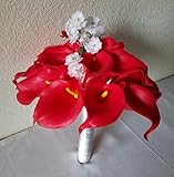 レッドリアルタッチカラーリリー柄ブライダルウェディングブーケ&ブートニア 12" Bouquet レッド