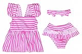 next.design 3点セット 子供用 水着 スイムウェア ボーダー [ ワンピース + パンツ + ヘアバンド ] (S（95-105cm）, ピンク)