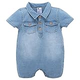 Lisa Pulster ベビー デニム ロンパース カバーオール ベビー服 男女兼用 ボーイズ ガールズ コットン 柔らか 半袖 薄手 夏 (80)