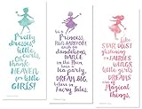 Adorableティール、ピンクとパープルwatercolor-style Little Girl Typographyパネルセット;子供の部屋保育園または; Three 6x18in Wall De