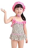 光るの世界レオパード 柄 フリル ワンピース 水着 ヒョウ柄 女の子 ベビー 子供用 帽子付き 3点セット