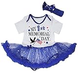 [キッズコーナー] アメリカの独立記念日 7月4日 My 1st Memorial Day ベビー服 ヘアバンド付き ワンピースドレス チュチュ (White/Blue Bling Stars, 6-