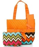 Quilted Orange Multicolor Chevron Print Monogrammable 3 Piece Diaper Bag With Changing Pad Tote Bag 