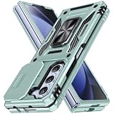 WACJOSD 対応 Galaxy Z Fold5 5G 用の ケース リング付き スライド式カメラプロテクター付き 衝撃吸収 保護ケース PC スタンド機能 車載ホルダー対応 米軍MIL規格 金属リング 擦り傷防止 滑り止め Z Fold5 5G カバー 耐衝撃 横置き機能 人気 浅緑 C92-zfold5-07