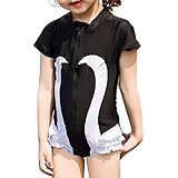 Spinas（スピナス）ベビー キッズ オールインワン 水着 スワン 白鳥 フリル 着脱しやすい 前ファスナー 子供 水着 女の子用 90-130cm 全2色（ ブラック ピンク ）