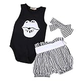 Cutelove 子供服 ロンパース カバーオール&パンツ&ヘッドバンド 3点セット 夏 唇柄 ストライプ 可愛い 女の子 袖なし ベビー おしゃれ