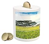 バーンウッドワゴンホイールコインボックスBank by Ambesonne、Fresh Green Meadow ranching Fences Lush Growth Rural Landscape